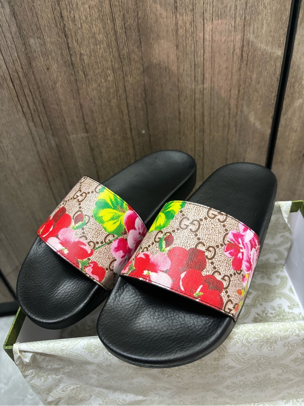 Black Floral-Print Slide Sandals - Designer Monogram Accent